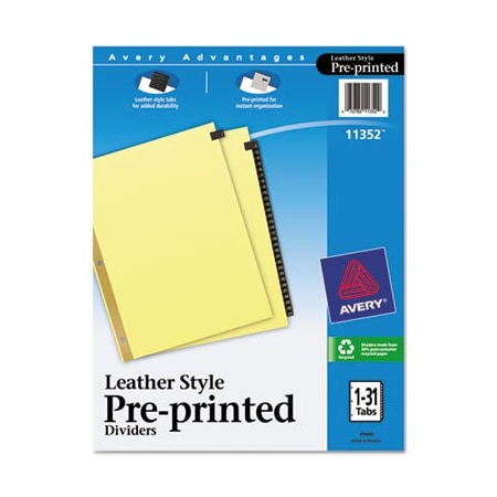 Avery Dennison Avery, Preprinted Black Leather Tab Dividers W/gold Reinforced Edge, 31-Tab, Ltr 11352